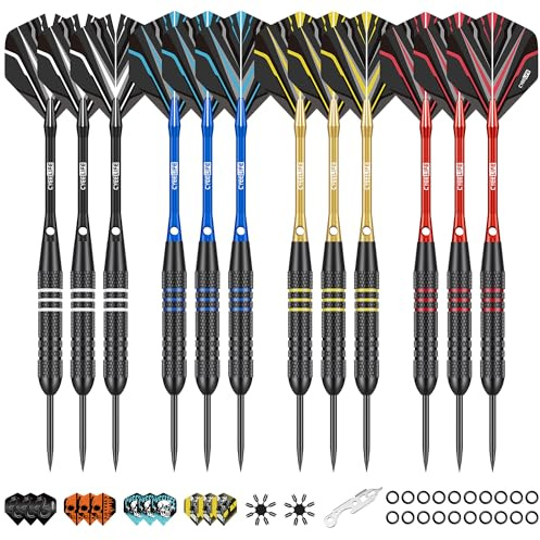 CyeeLife Dardos con Punta de Metal, 12 Piezas Dardos de Acero Profesionales, Set de Dardos con Vástagos de Aluminio, Vuelos, Afilador, Anillos de Goma y Herramienta