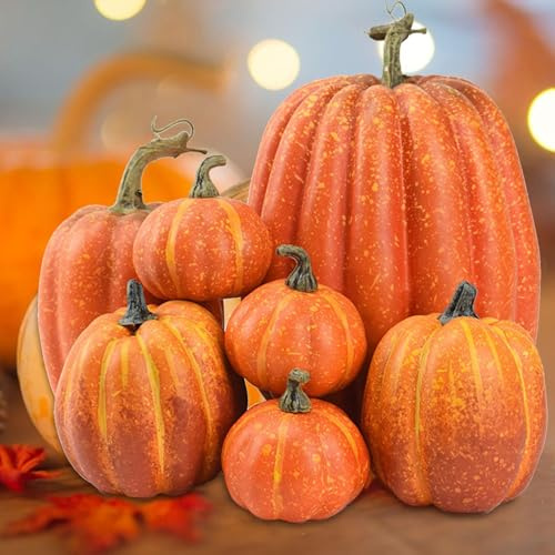 7Pcs Artificial Pumpkin, Fake Pumpkin, ArtificialPumpkins Fall Decor | Large Fake PumpkinsSet, FoamPumpkins, Autumn Decoration For Autumn Halloween Thanksgiving Decorations Kitchen Decor