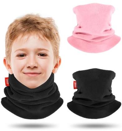Aegend Neck Warmer for Kids, Double-Layer Fleece Ski Neck Gaiter for Boys Girls Youth Winter Cold Weather Scarf(Black & Pink)