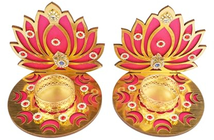 Set of 2 Decorative MDF Wooden Lotus T Light Holder Candle Stand Tealight Holder for Indian Festival Christmas Lightening New year Decorations Lighting Accessories(Without Wax)(Size:-4 Inches)(Pink)
