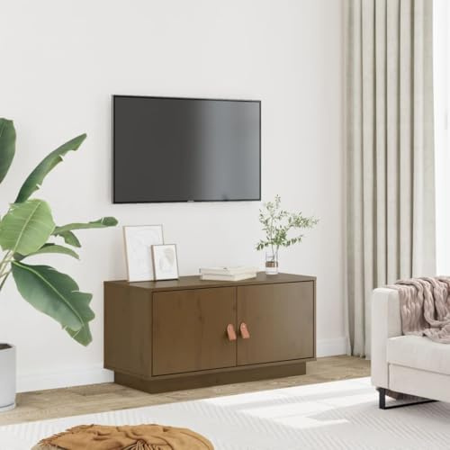 HaoChrymec TV-Schrank aus Massivholz Kiefer, mit Stauraum für DVDs, Spielekonsolen, Fernsehkommode, Sideboard Wohnzimmer, Honigbraun, 80 x 34 x 40 cm