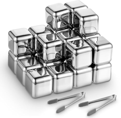 Xnuiasqe Paquete de 24 cubitos de hielo de acero inoxidable, piedras de whisky de metal reutilizables, rocas refrigerantes de alto poder refrigerante con pinzas para hielo para beber