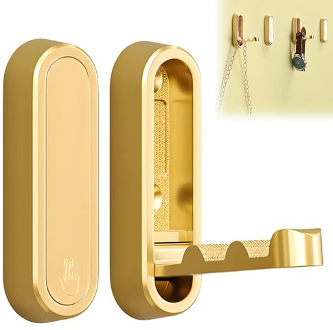 PANYI 2-pack klädkrokar vikbara väggkrokar av aluminiumlegering 90 graders vikbara väggkrokar magnetiska dolda klädkrokar, lämpliga för kontor, kök, sovrum och badrum (guld)