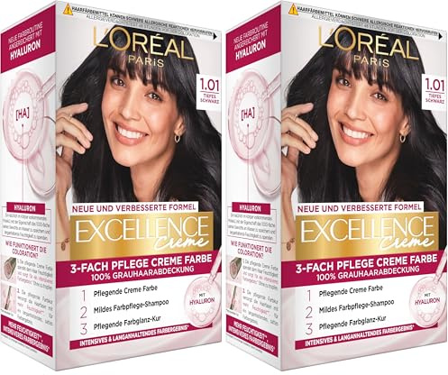L'Oréal Paris Permanente Haarfarbe, 100% Grauhaarabdeckung, Haarfärbeset mit Coloration, Shampoo und 3-Fach Pflege Creme Farbe, Excellence Creme, Nr. 1.01 Tiefes Schwarz, 1 x 268 g (Packung mit 2)