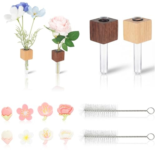 YPJXBEST 4PCS Mini Vase Magnets for Fridge,3D Wooden Magnetic Propagation Stations with Tube,Test Tube Brush and Flower Fridge Magnets for Kitchen,Refrigerator,Bedroom,Office Decorations
