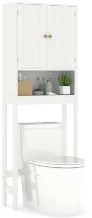 GOPLUS Meuble WC au-Dessus des Toilettes, 168 cm Meuble Salle de Bain avec Portes Cannelées, Étagère Réglable, Barre Inférieure, Étagère Gain de Place pour Salle de Bain Buanderie (Blanc)