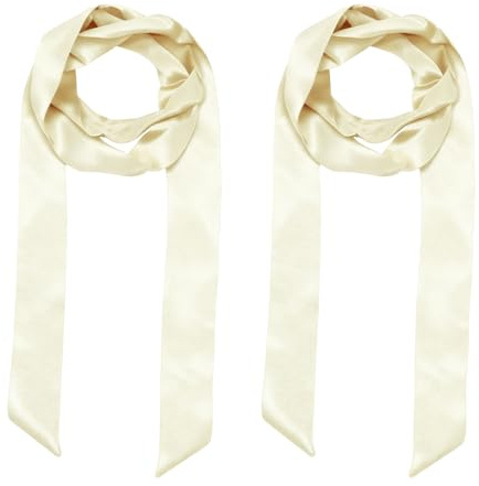 YELARXI Solid Long Neckerchief, Stylish Ribbon Skinny Pure Neck Scarf Silk Necktie Ribbon Women Headband Tie 40 & 2Pcs & Beige - Fit For(Handbag/Wrap/Hair Scarves/Belt Decor
