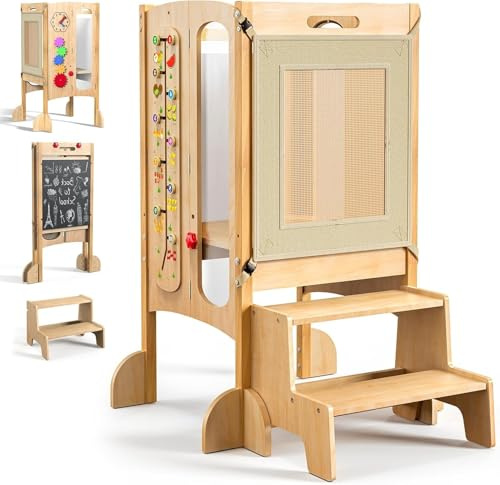 SPYLAVE Lernturm Klappbar ab 1 Jahr, 5 in 1 Multifunktionaler Lernturm aus Holz mit Tafel, Montessori Learning Tower für Kinder, Kleinkinderturm mit Sicherheitsnetz, höhenverstellbar, Buchenholz
