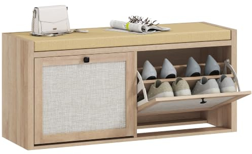 HOMCOM Shoe Bench with 2 Rattan Doors Padded Cushion Seat Oak Wood Effect | Shoe Storage Bench, for Hallway, Living Room, Bedroom
