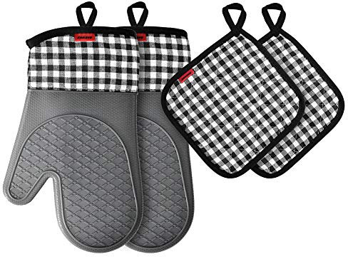 Ankway Guanti da Forno e Presine da Cucina, Guanti da Forno in Silicone Impermeabili, Antiscivolo Guanti Resistenti al Calore, Guanti da Cucina Lunghi per Cucinare Barbecue BBQ Grill Grigio