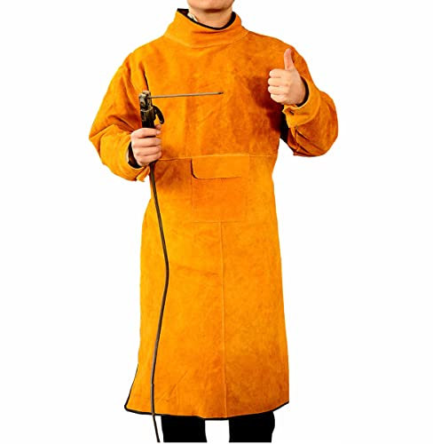 Sipobuy Grembiule da saldatore in pelle bovina per uomini e donne, con maniche e colletto, resistente, per officina, lavoro, lavoro, protezione dalle scintille, resistente al calore, 104 x 53 cm