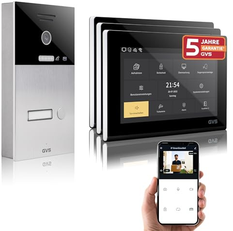 GVS IP Video Türsprechanlage mit Türöffner, 3X 7 Zoll Monitore & App | Smarte Video Türklingel mit Kamera und Monitor & App - Gegensprechanlage für 1 Familienhaus (AVS1086A)