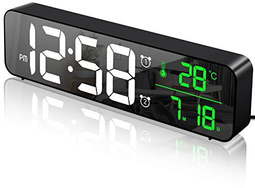 MOSUO Digitaler Wecker, LED Wecker Digital Spiegel Wanduhr Große Ziffern Tischuhr mit Datum Temperaturanzeige, USB Digitalwecker Uhr, 2 Alarmen 40 Musik, Einstellbare Helligkeit, Schwarz