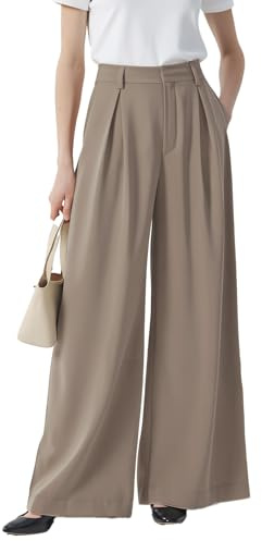 Tronjori Femme Taille Haute Pantalons Casual Jambes Larges Plissé Devant Vintage Pantalon avec Poches pour Les Loisirs, Le Travail and Le Bureau(XXL,Moka)