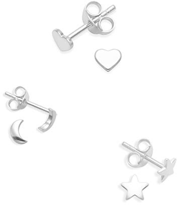 SET OF 3 PAIRS Sterling Silver Heart, Moon & Star Earrings set (one pair of each design) SIZE: Small - 5mm, 4mm & 4.7mm. Gift Boxed. MUCH SMALLER THAN SHOWN.5140HEART/SET
