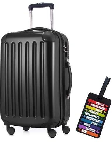 Hauptstadtkoffer - Alex Handgepäck Kabinentrolley Bordgepäck Hartschalen-Koffer, sehr leicht, TSA Zahlenschloss, 55 cm, 42L, Schwarz + Design Kofferanhänger