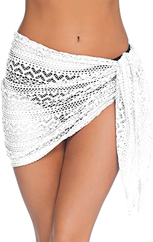 JFAN Pareo Femme Plage Mini Robe en Maille Wrap De Plage De Femmes Dentelle Couvertures Maillot De Bain Cover Up Sarong Vacances Natation Mini Jupes Blanc, Taille Unique