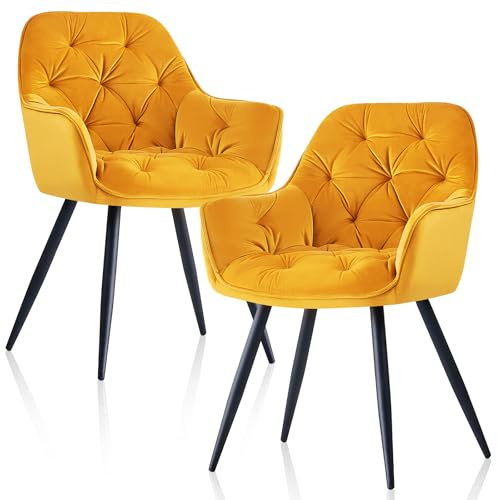 JaHECOME Yellow Velvet Dining Chairs Set of 2 Kitchen Chairs Armchairs Upholstered Seat High Back for Living Room Bedroom Home Reception Lounge Office(2,Yellow)