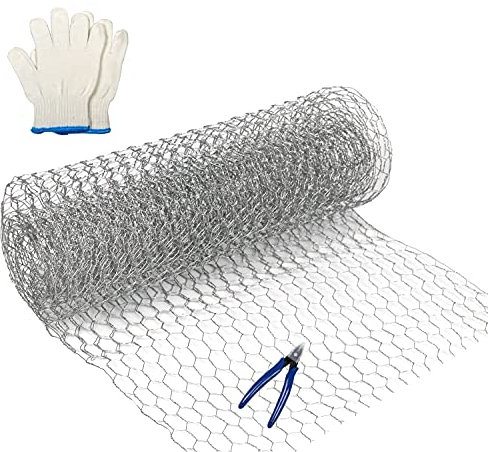 Feizeisun Chicken Wire Mesh, 350mm x 3m (3 Sheets) Chicken Wire for DIY Crafts, Lightweight Galvanized Hexagonal Garden Wire Netting Fence with Cutting Pliers and Gloves