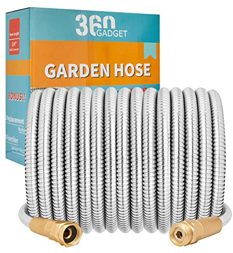 360 GADGET Garden Hose Metal - 50ft Heavy Duty Stainless Steel Water Hose with 8 Function Sprayer & Metal Fittings, Flexible, Lightweight, No Kink, Puncture Proof Hose for Yard, Outdoors, Rv