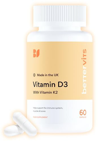 Bettervits Vitamin D3 K2 4000IU High Strength | Premium K2 Vitamin Supplements | Supports Immune System - Bone & Heart Health | Essential VIT D for Energy & Mood | Vegan Friendly - 60 Capsules