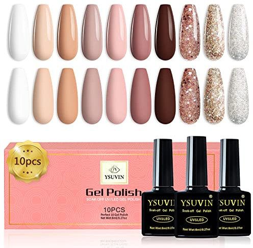 YSUVIN UV Nagellack Nude Set, 10 Farben Nude Rosa Braun Glitzer Gel Nagellack Soak-Off UV Gellack Set für Anfänger DIY Nail Art Maniküre Salon, Langlebig, 8ML