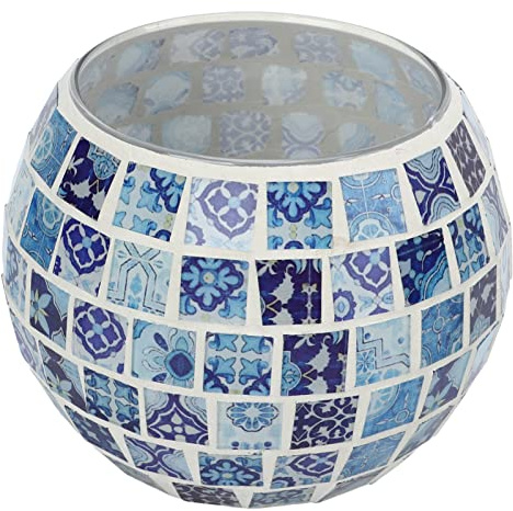 Blau-weißer Mosaik-Kerzenhalter, Votivkerzenhalter aus Glas, runde Schüssel, Teelichthalter, Topfpflanze, Schüssel, Vase, Kerzenhalter, Tischdekoration