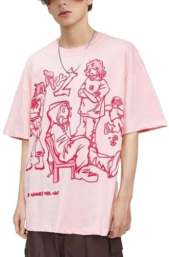 Aelfric Eden Oversize T-Shirt Herren Tee Shirts Unisex Sommer Basic Tops Baumwolle Oberteil Rundhals Aufdruck Bluse T-Shirt für Männer Rosa M