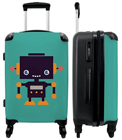 NoBoringSuitcases.com® Kinder Reisekoffer Jungen Koffer Fürs Gepäck Hartschalenkoffer Groß Geschenk - Roboter - Grün - Antenne - 67x43x25cm