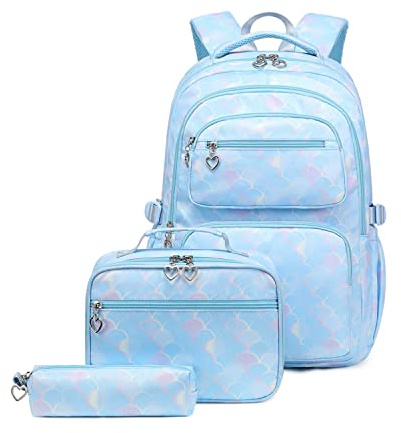 Bansusu Ensemble de 3 sacs à dos pour filles avec sac à déjeuner pour enfants, cartable, cartables, 3 pièces Sirène bleu, 3Pcs Backpack Set, Moderne