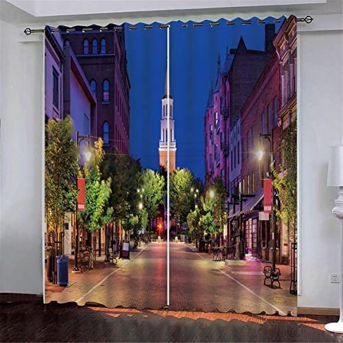 Vorhang Blickdicht Ösen Thermo Verdunkelungs Polyester Gardinen 2 Stück 3D Schöne Nachtansicht Der Stadt Für Schlafzimmer Wohnzimmer Kinder Oder Babyzimmer 182(B)X214(H) Cm - Bedruckte Verdunkelungsv