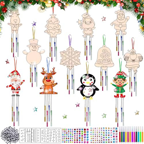 RIRIDAMAI Holz Basteln,Windspiel Bastelset, Weihnachten,12 Stück Holzanhänger zum Bemalen,Windspiel Weihnachten,Weihnachtsanhänger Holz,Weihnachtsdeko Basteln Kinder,Weihnachtsbasteln