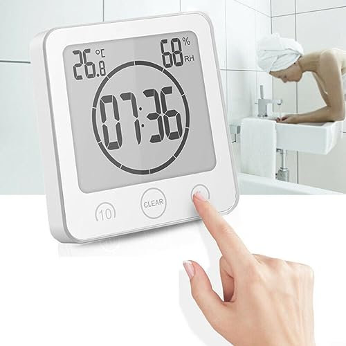Donkivvy Badezimmeruhr Digital Wecker Bad Uhr, Shower Clock LCD Display, Baduhr, Luftfeuchtigkeit Temperatur Wanduhren LCD-Alarm Wecker Bad Uhr Baduhr, Countdown Timer Für Dusche Küche (Weiß)