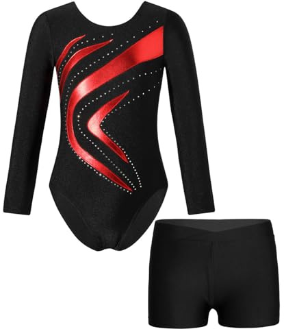 Alvivi Kinder Mädchen Turnanzug Langarm Gymnastikanzug mit Shorts Glitzer Ballettanzug Gymnastik Leotard Tanzbody Wettbewerb Tanzkostüm Rot 146-152
