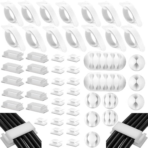 MiuCo 100Stk Kabelmanagement Schreibtisch Weiß Set mit 50 Kabelbinder Klett+30 Kabelhalter Selbstklebende+10 Silikon Kabelhalter+10 Kabelklemmen Groß, Cable Management Organizer für Schreibtisch PC