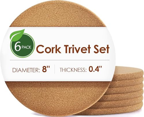 6 Pack Cork Trivets for Hot Dishes, 8 High-Density Thick Pads for Pots and Pans, Heat Resistant Kitchen Mats, Multifunctional Corkboard for Plant Coasters and DIY Crafts Trivets for Hot Pots and Pans