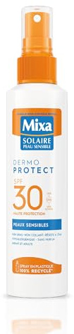 Mixa Solcellskänslig hud - högskyddande solvårdsspray SPF 30+ UVA, lång UVA, UVB - ansikte och kropp - vuxna och barn - vatten- och sandbeständig - allergivänlig - 150 ml