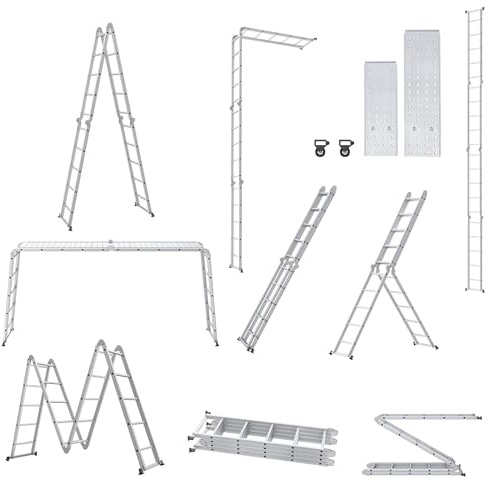 HENGMEI 6-i-1-stege multifunktionsstege aluminium med plattform 5,5 m, multifunktionell fällbar stege, arbetsstege hushållsstege upp till 150 kg, 4 x 5 steg steg med 2 byggnadsställningsplattor