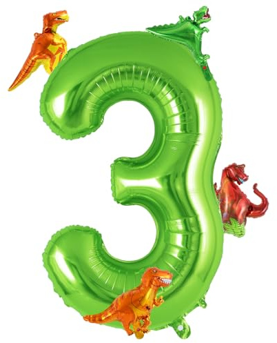 Dinosaur Green Number 3 Balloon, 40 Inch Big Large Foil Helium Green Number Balloon with 4 Pcs Mini Dinosuar, Dinosuar Mylar Balloons Set for 3 Year Old Birthday Party Decorations Supplies