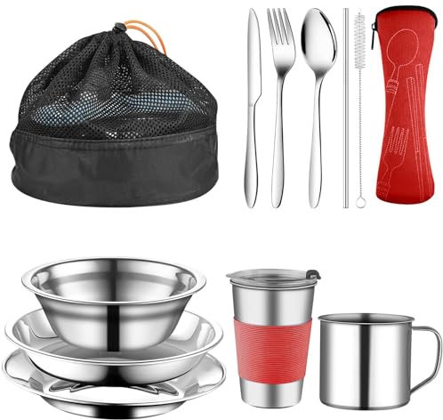 Gavetta Scout, Stoviglie Rosso 10 PCS, Campeggio in Acciaio Inox con Posate, Forchette, Ciotole e Bacinelle, Gavetta Scout 1-2 Persona, Posate da Campeggio per Picnic, Campeggio e Viaggi all'aperto