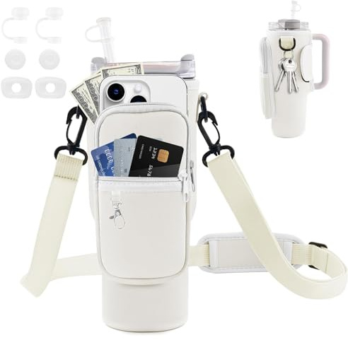 NAMIS Stanley Cup 40 oz Zubehör Tasche, Tragetasche für Stanley Cup 40oz mit verstellbarem Schultergurt und 6PCS Stanley Straw Cover, Flaschenhalter mit Tasche, Stanley Cup Accessories Set (Weiß)