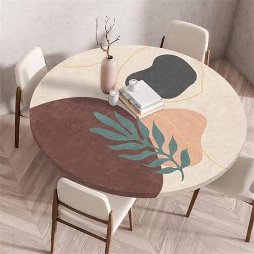 Morbuy Elastische Tischdecke Rund Wasserdicht, Einfach Stil 3D Drucken Tischdecke mit Gummizug Rund Tischdecken Tischtuch Gartentischdecken Tischschutz (Durchmesser 120cm,Grün Blätter)
