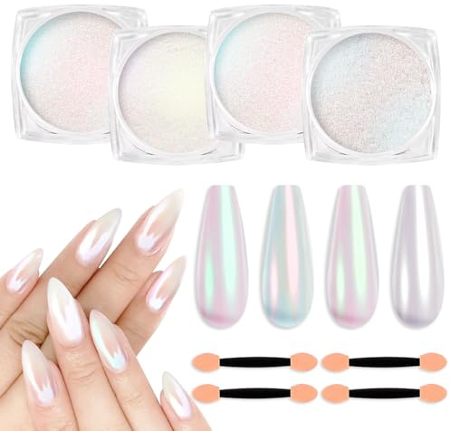 SIUSIO 4Colors Chrome Nail Powder Metallic Mirror Glitter Effect Pigment Iridescent Aurora, Mermaid Pearl Dust Kit for Gel Polish Nail Art Decoration, Resin Craft-Colorful Dream