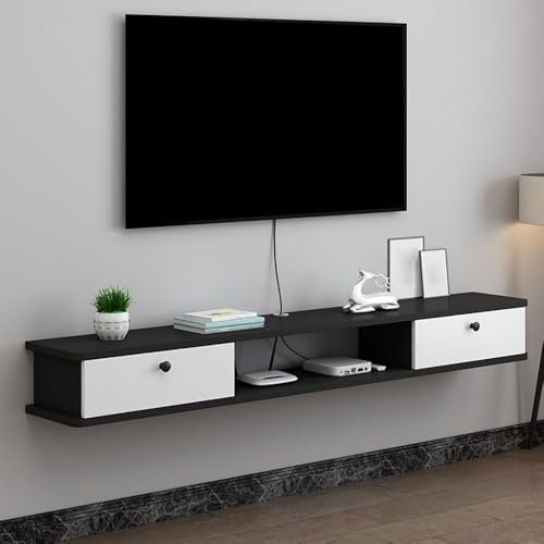 Schwebender TV-Ständer zur Wandmontage, wandmontiertes Kabelmanagement-Entertainment-Center aus Holz, schwebende TV-Einheit mit Stauraum, mit 2 Schubladen for Zuhause und das Büro(Black+white,100*22*1