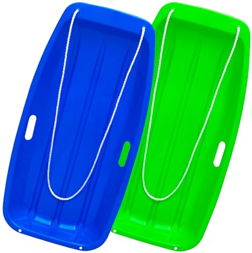 AKLIFFE Trineo Bob para niños con 2 cuerdas, 89 cm, trineo para adultos, con asas, unisex, niños, adultos, deportes de invierno (azul y verde)