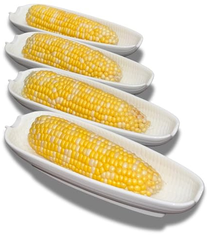 Cera Cuties Corn Dishes Set of 4, Corn Cob Holders 8.8, White Ceramic Dishes Non-slip Bottom, Microwave, Dishwasher and Oven Safe.