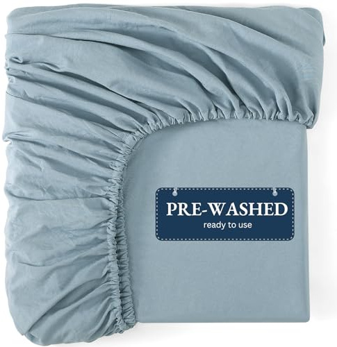 Fitted Sheet Double, French Blue - Pre-Washed, Deep Pocket 14 inch (35 cm) - Easy Care - Soft Brushed Microfibre Fabric - Shrinkage and Fade Resistant - Bottom Sheet