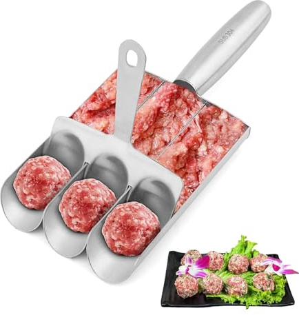 Quixotical Fleischbällchenformer aus Edelstahl, 3-in-1 manueller Küchenformer für Fleisch-, Fisch- und Garnelenbällchen, einfach & schnell