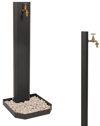 Fontana da Giardino Design a Colonna Ovale Rubinetto in Ottone e Base con Ciottoli Antracite
