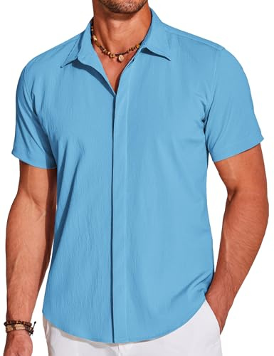 COOFANDY Men's Casual Short Sleeve Shirts Summer Beach Shirt Lightweight Textured Wrinkle Free Stretch Shirts Blue XL